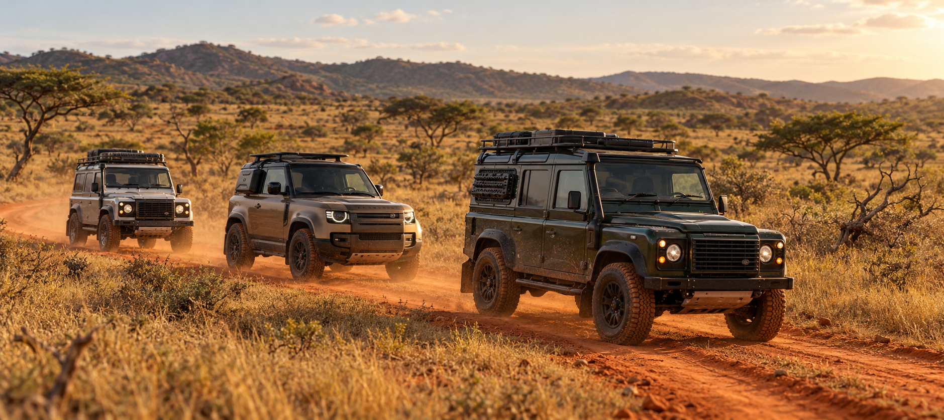 Three expedition four-wheel drives travelling together on a remote red-earth route